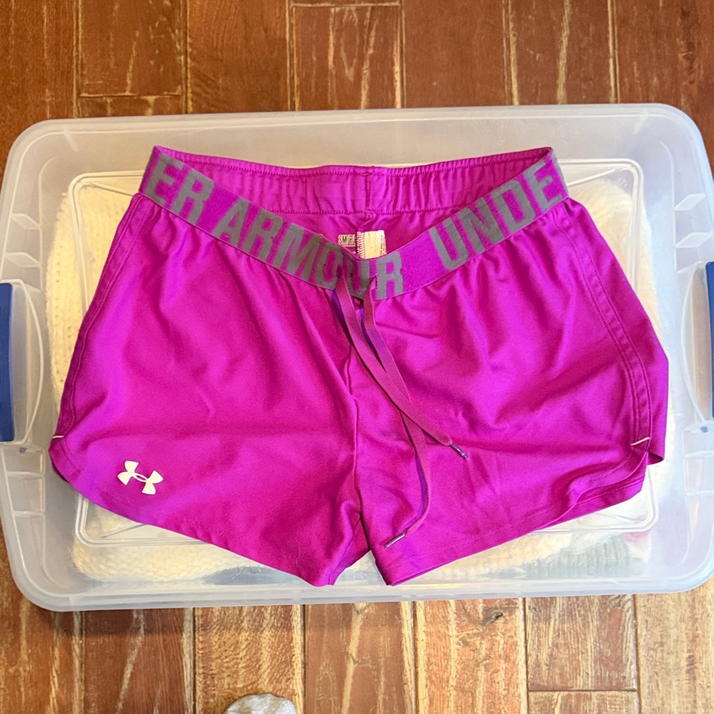 Under Armour Women's Magenta Athletic Shorts with Gray Waistband